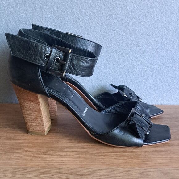 Melin Vintage Leather Ankle Strap Sandals Women 36 Black Block Heel Wood Detail - Picture 8 of 13